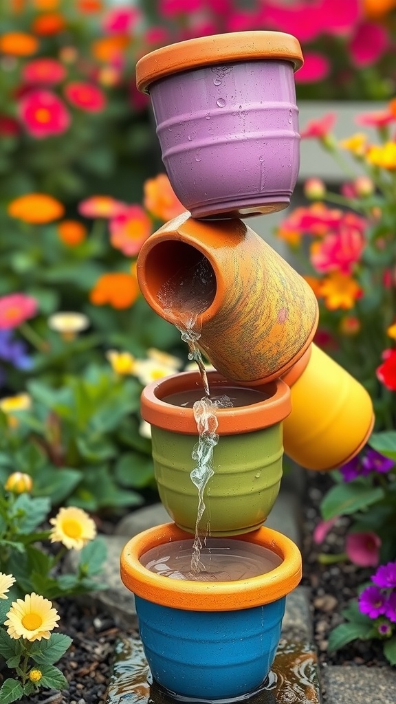 Colorful ceramic pots arranged as a rain chain in a garden