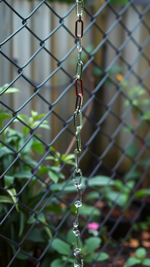 A colorful rain chain hanging from a chain link fence, with water droplets visible on the links and green plants in the background.