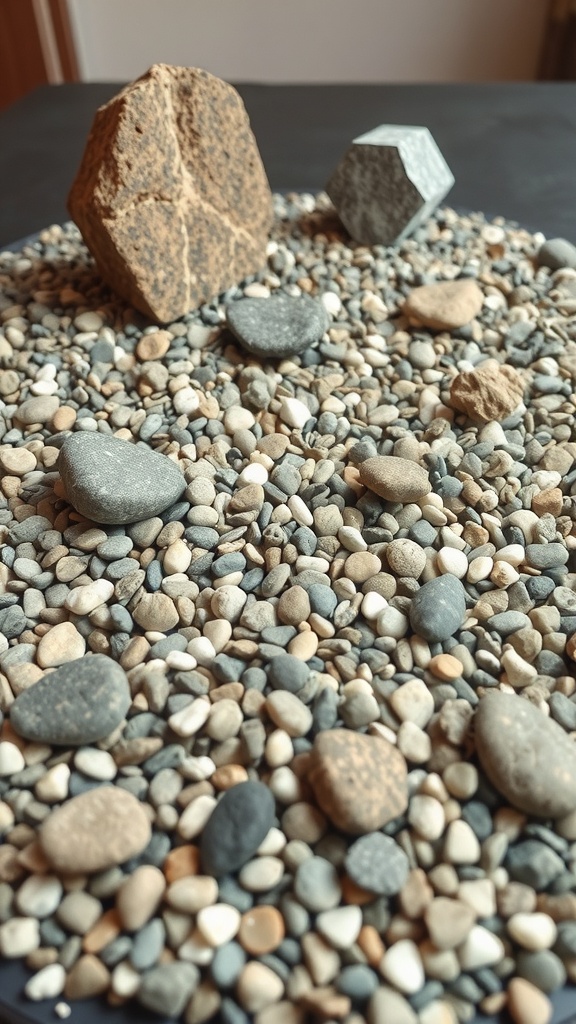 A variety of stones and pebbles arranged on a surface, showcasing different sizes and colors for a dry rock bed.