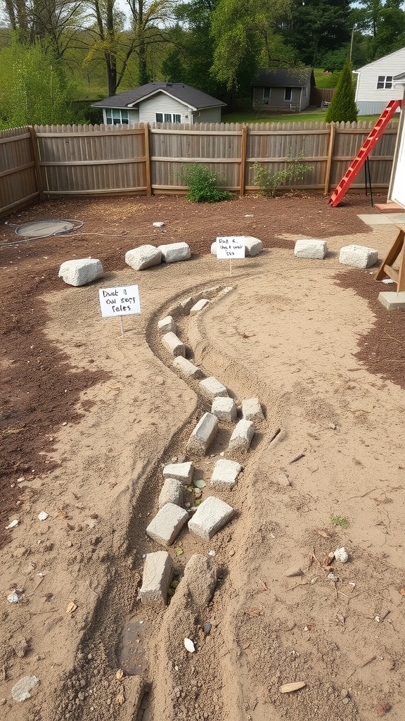 A dry creek bed under construction in a backyard, featuring sandy soil and stones, with signs indicating instructions.