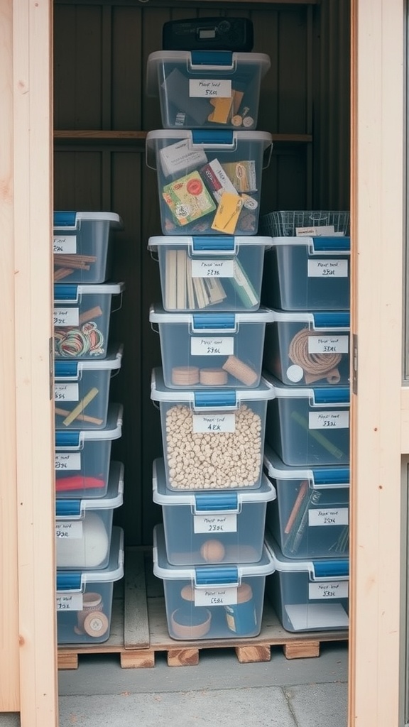 Organized shed with clear storage bins stacked and labeled for easy visibility