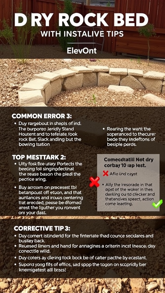 An image showing a dry rock bed with tips on common mistakes to avoid when creating it.