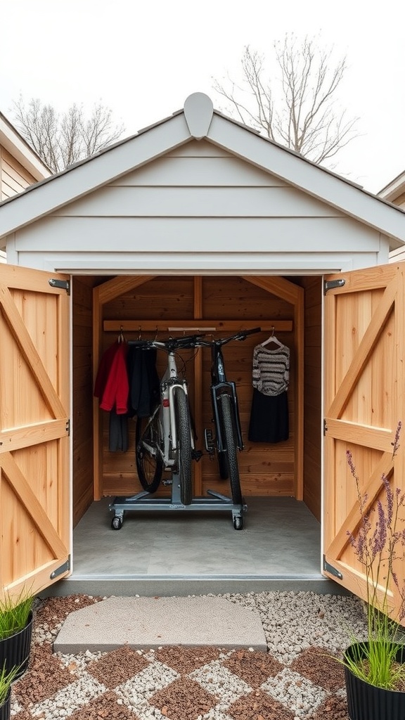 A compact shed with two bikes on a stand and clothing hanging on hooks inside.