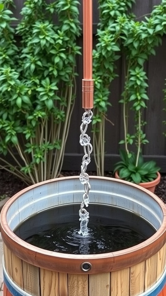 Copper tubing rain chain directing water into a wooden barrel