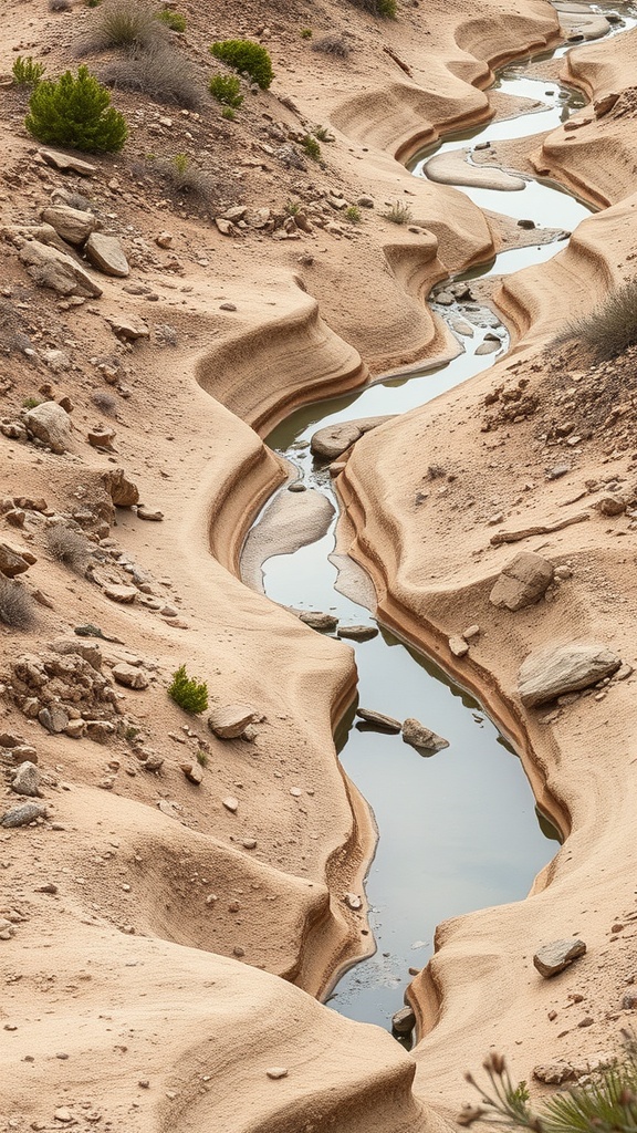 A dry creek bed with natural curves and shapes, featuring flowing water and surrounding rocky terrain.