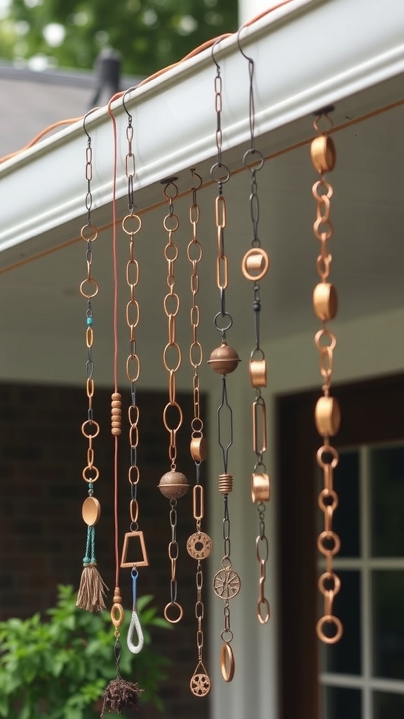 A variety of creative rain chain designs featuring copper and metal elements, showcasing different shapes and decorative features.