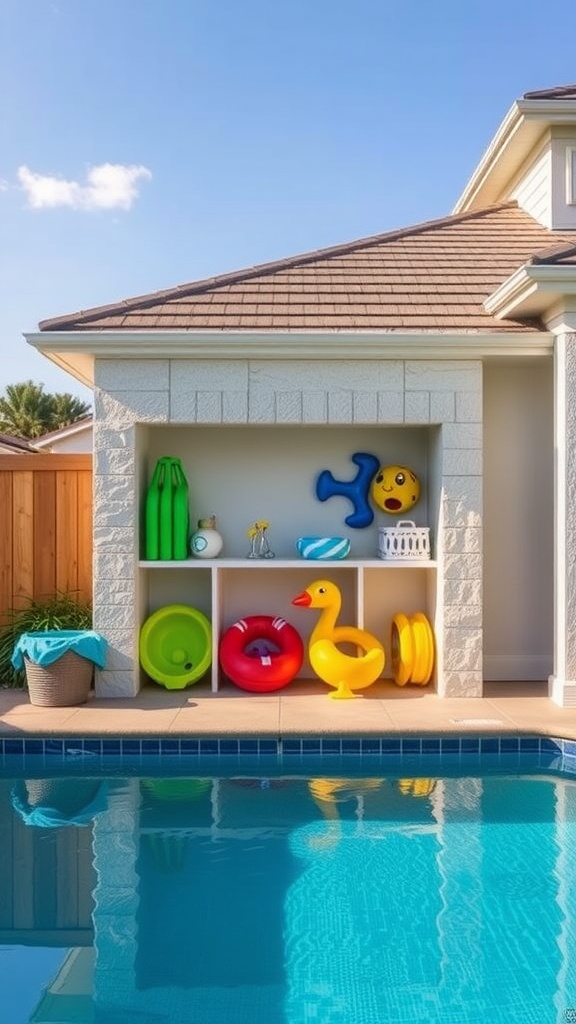 Colorful pool toy storage with shelves by a swimming pool