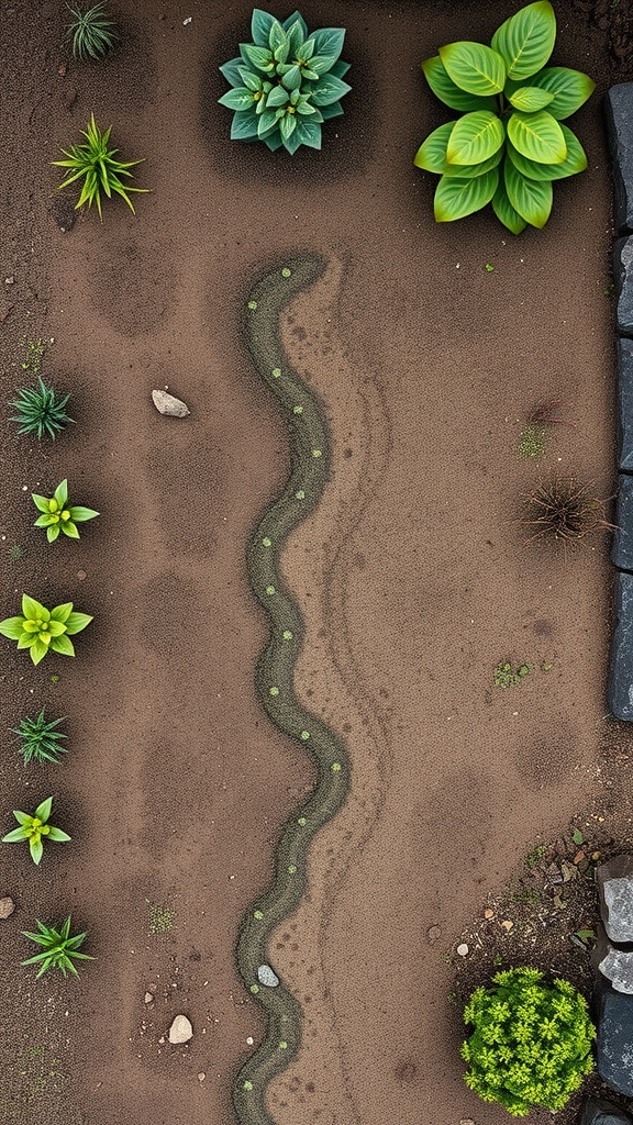 A top-down view of a dry creek bed layout with plants and a winding sand path.