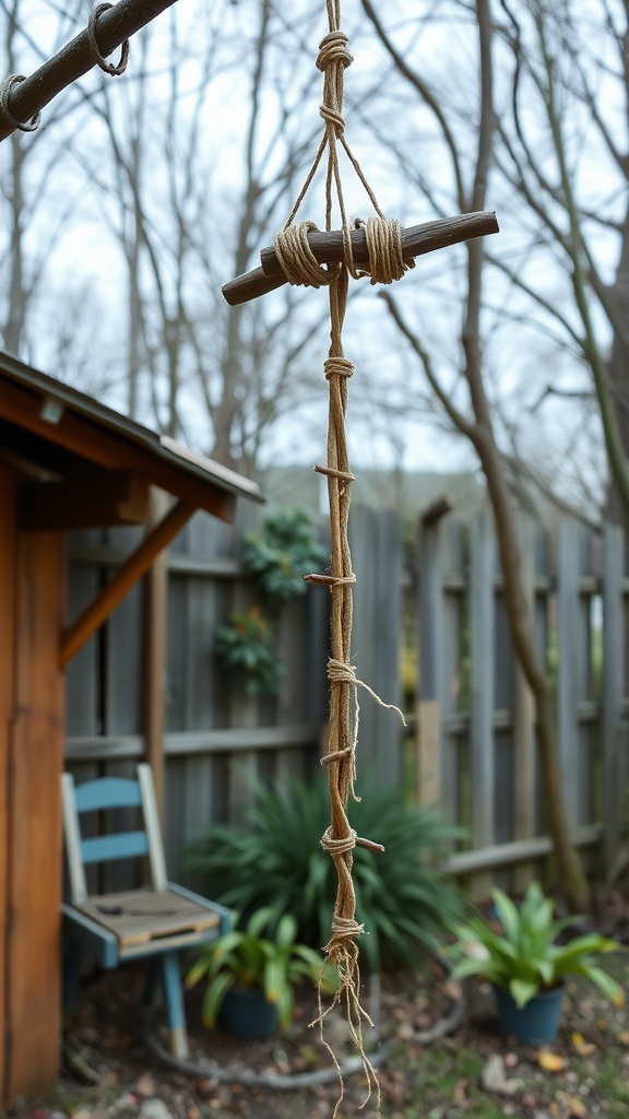 A DIY wooden rain chain made of sticks and twine, hanging in a garden.