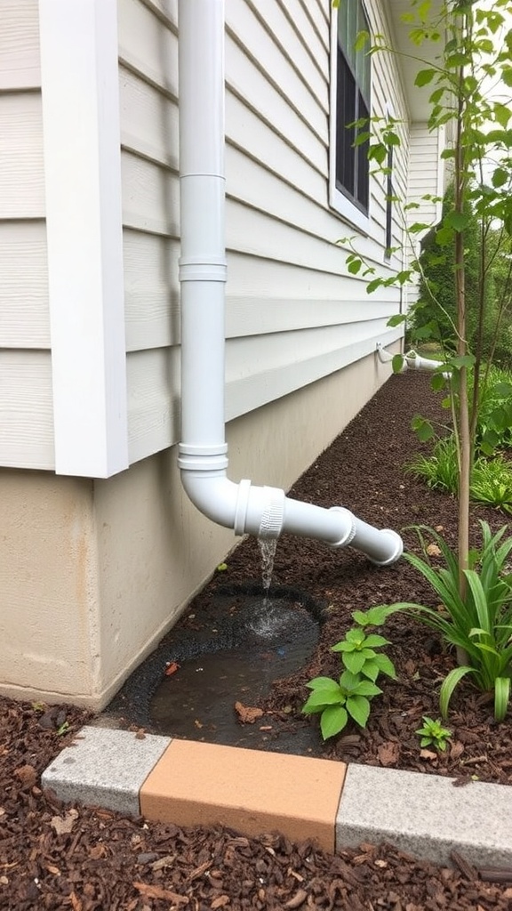 A white downspout extending from a house, directing water onto a mulched area.
