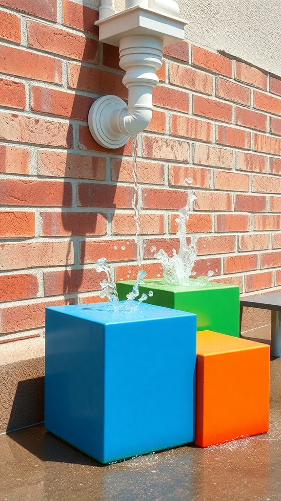 Colorful downspout splash blocks catching water from a downspout