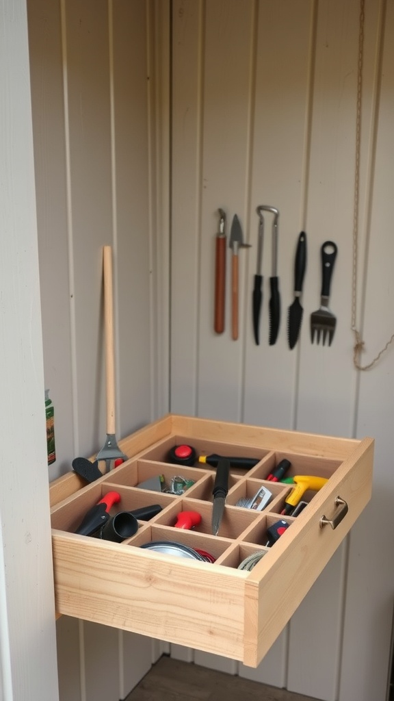 A wooden drawer organizer with various small gardening tools neatly arranged in compartments.