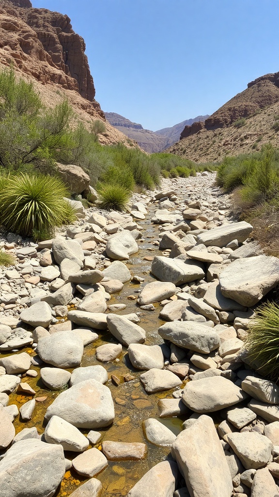 A dry river bed design featuring various sizes of rocks and green plants in a natural landscape.