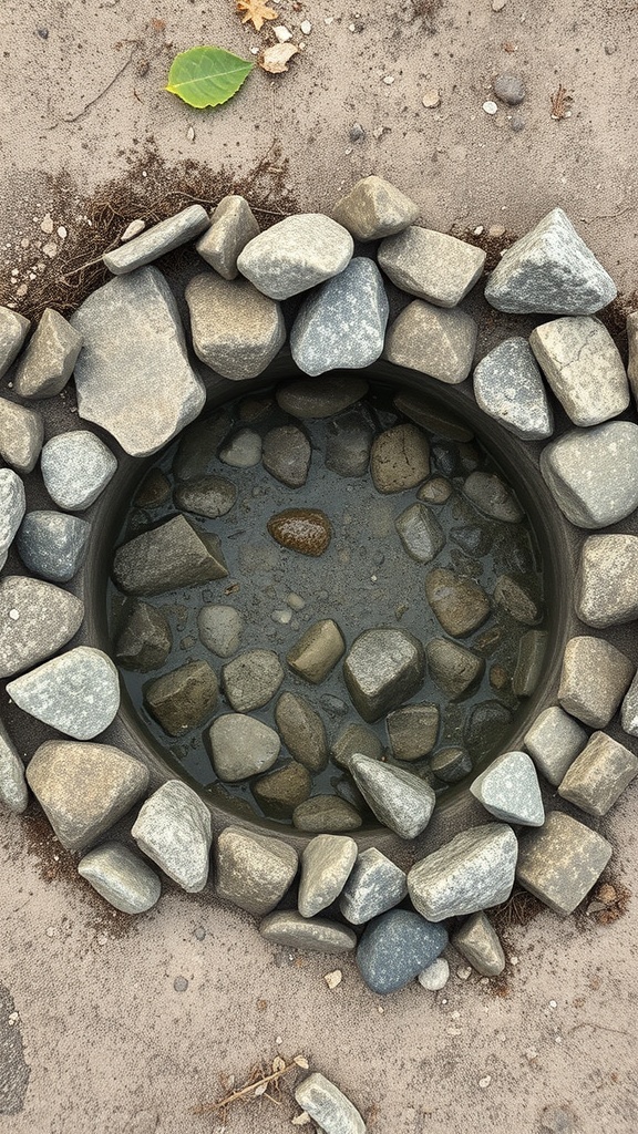A dry well under construction, filled with stones and water, surrounded by a circle of larger stones.