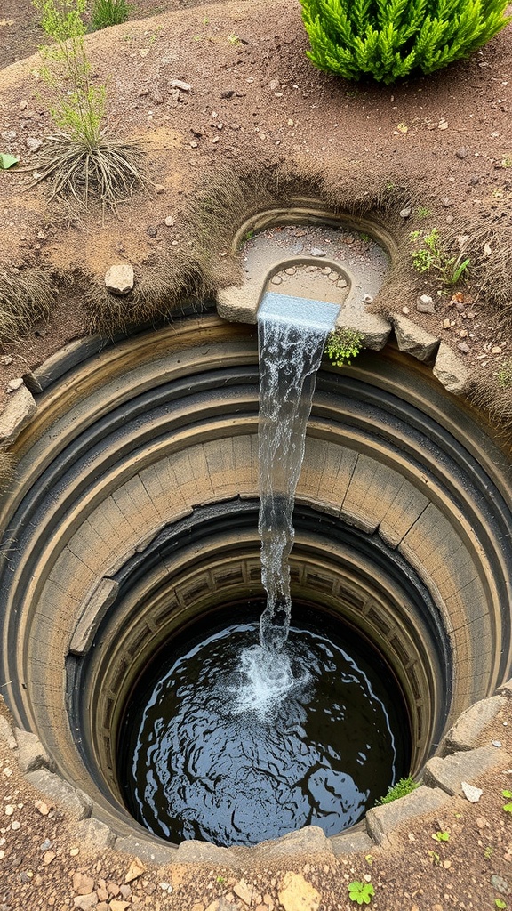 A dry well with water flowing into it, surrounded by soil and plants.