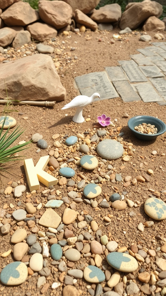 A decorative dry rock bed featuring various stones, a bird figurine, and a flower.