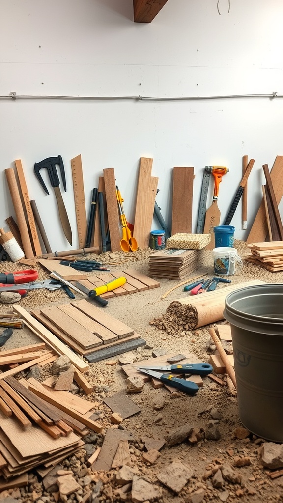 A cluttered workspace with various tools and materials for DIY projects, including wood pieces, a shovel, and other construction tools.