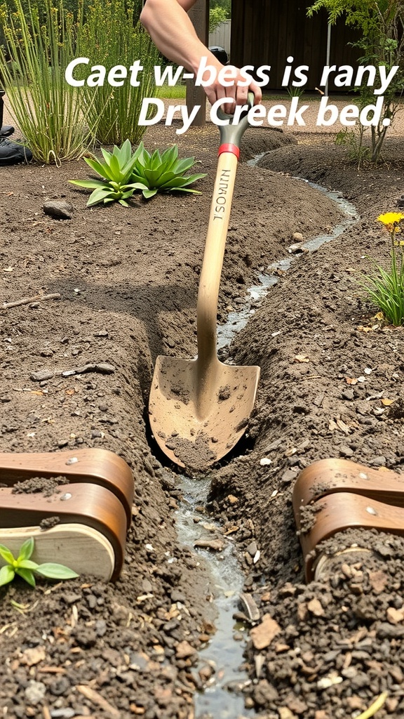 A person digging a trench for a dry creek bed with a shovel, surrounded by plants.