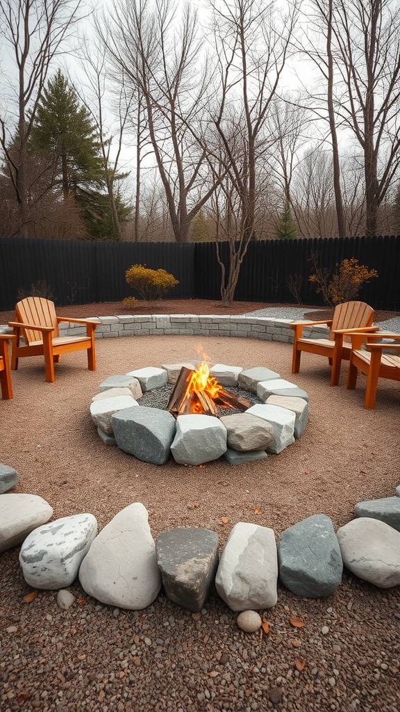 A cozy fire pit surrounded by rocks and wooden chairs in a landscaped area.