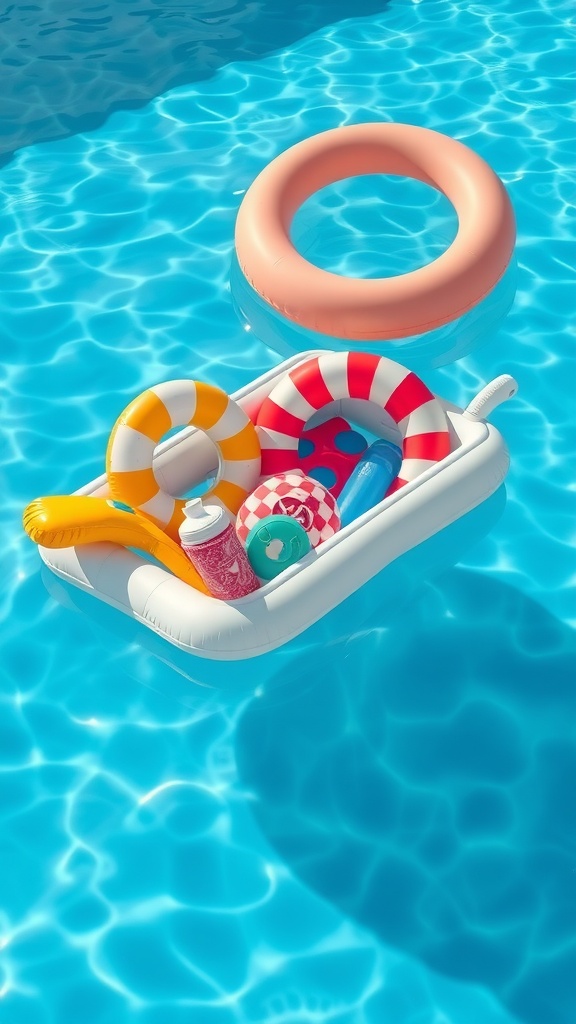 A floating toy caddy filled with colorful pool toys in a swimming pool.