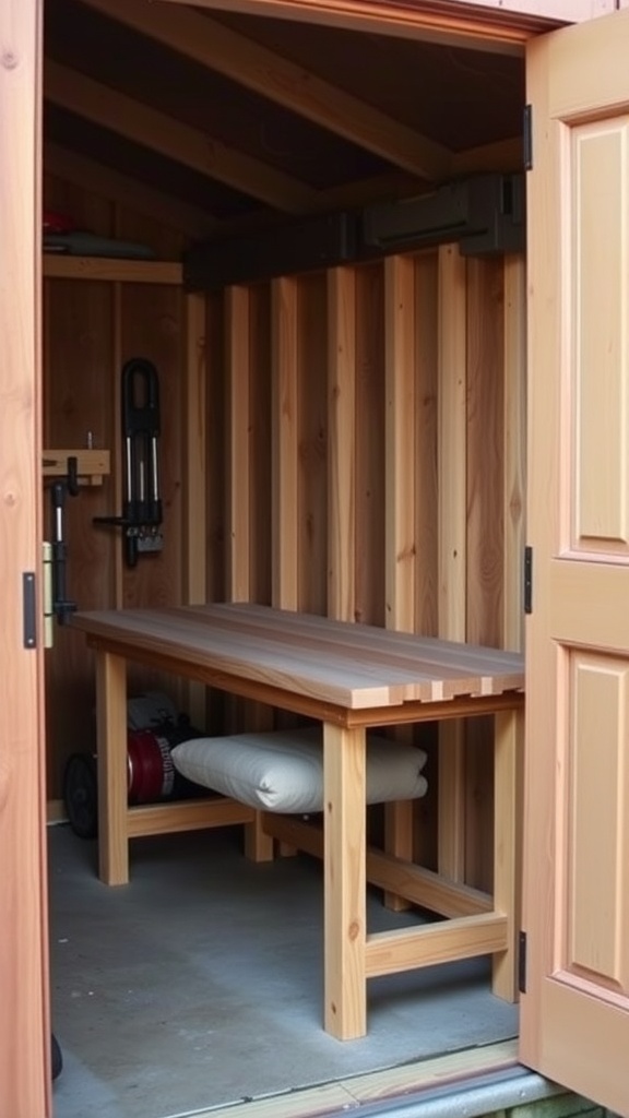 Foldable wooden workbench inside a small shed
