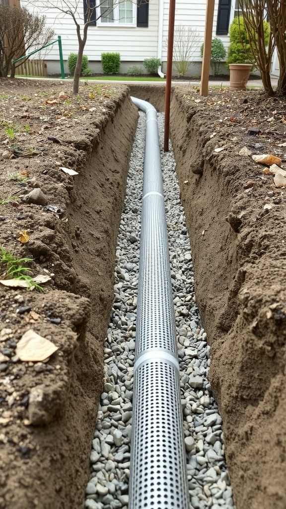 A trench with a perforated pipe and gravel, illustrating a French drain system for drainage.