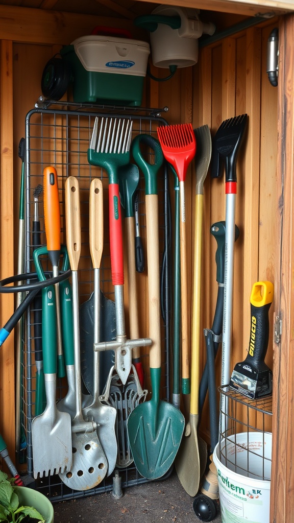 A well-organized garden tool rack displaying various gardening tools in a shed.