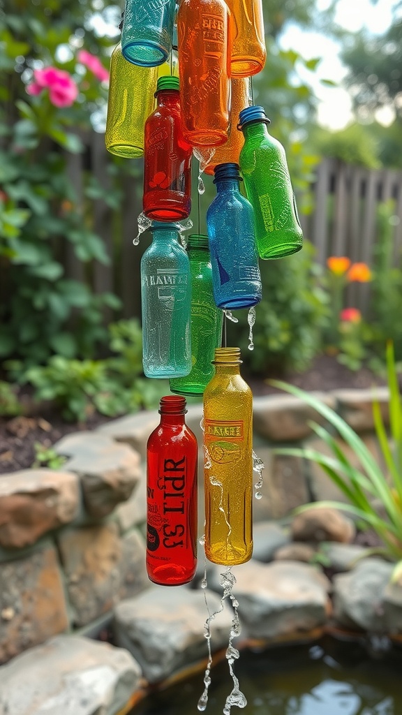 Colorful glass bottle rain chain with water flowing down