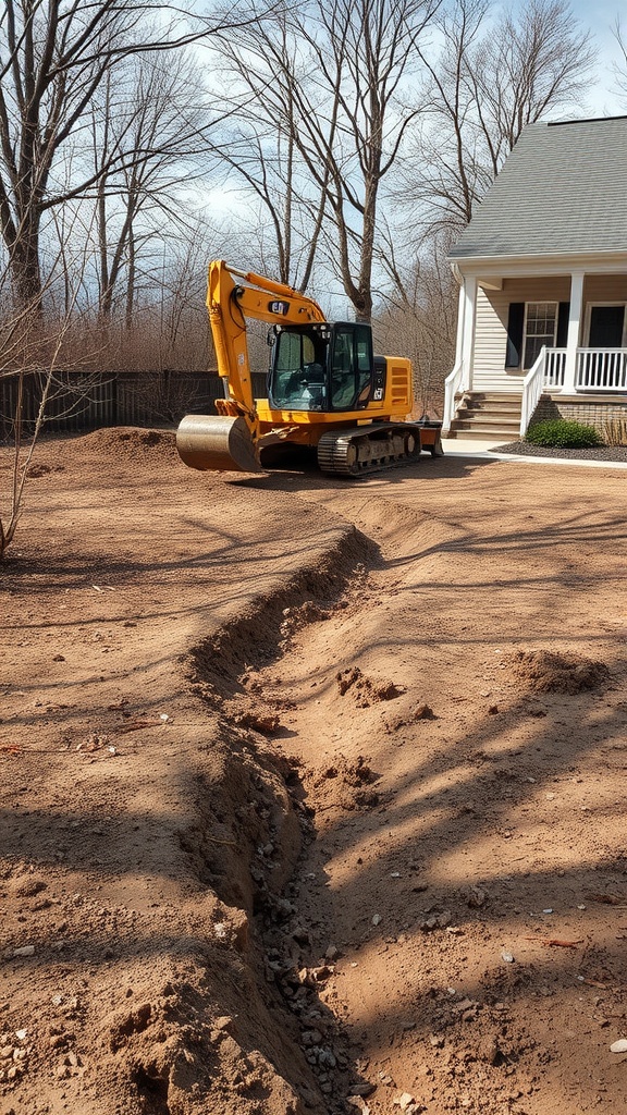 Excavator parked on a graded yard with a trench for drainage.
