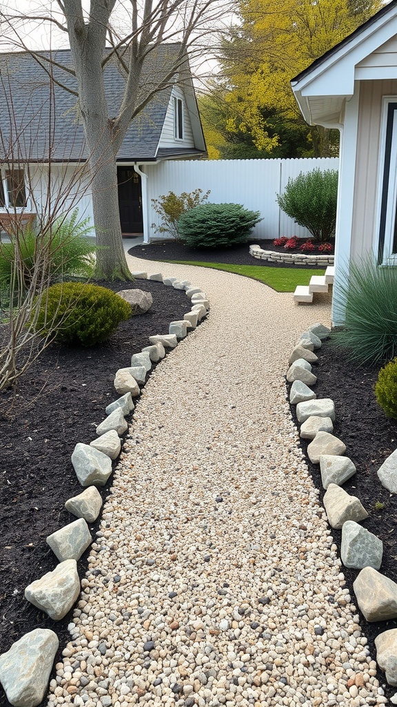 A winding gravel pathway lined with stones in a landscaped yard.
