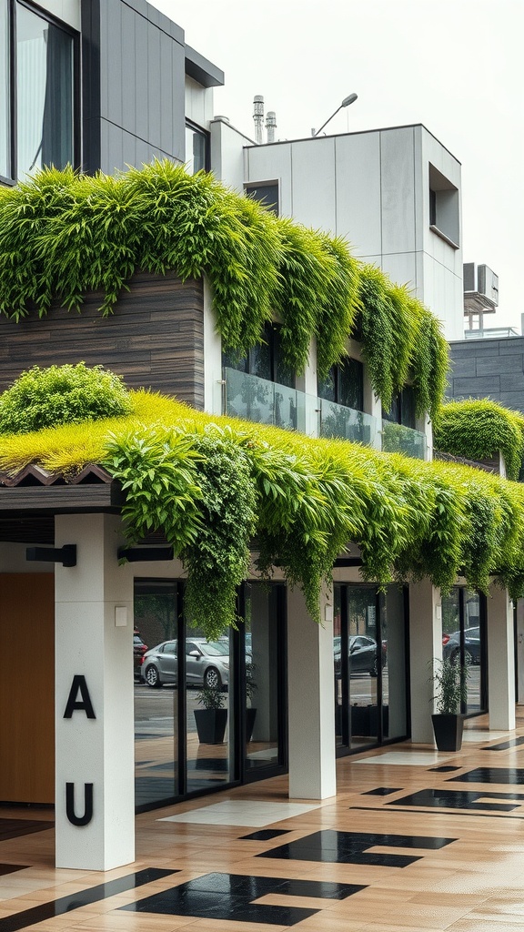 A modern building with a green roof featuring lush plants and greenery.