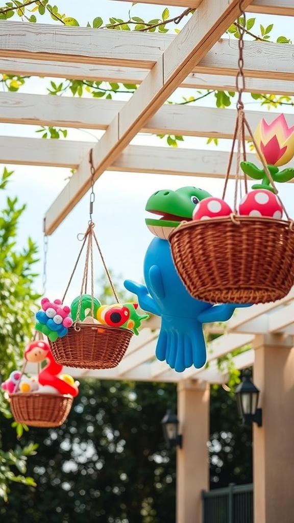 Colorful hanging baskets filled with pool toys, including a dinosaur and flowers, under a wooden structure.