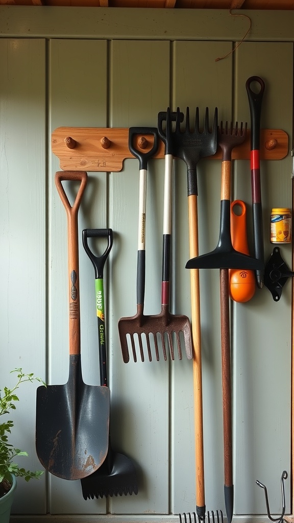 A wooden hanging tool rack with various garden tools organized on a wall.