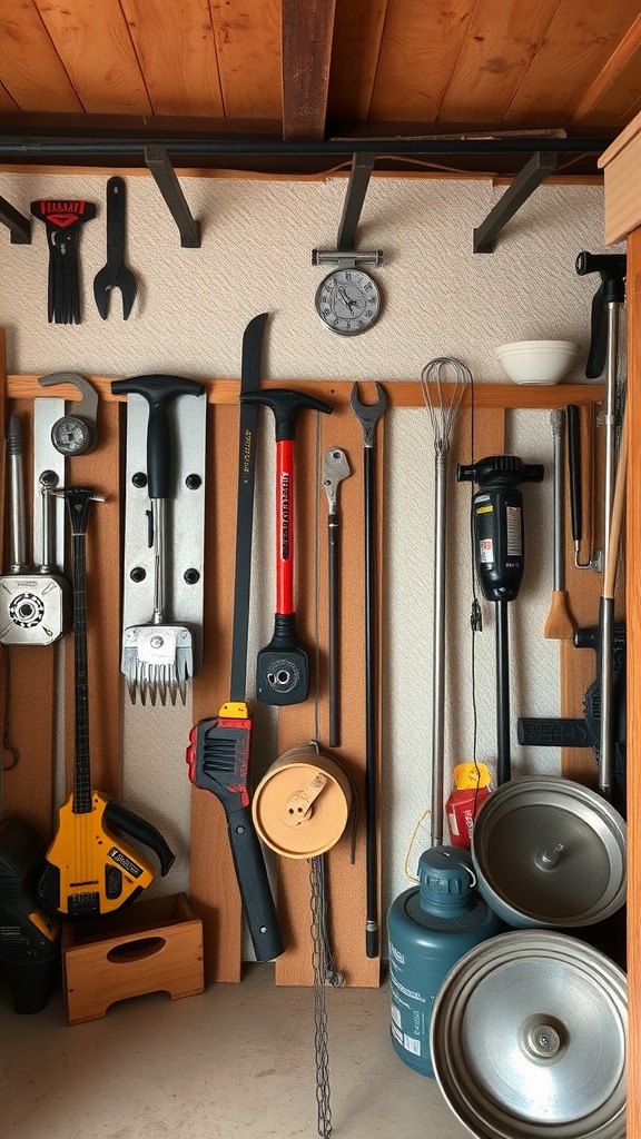 A well-organized shed wall with various tools and equipment hung on hooks and hangers.
