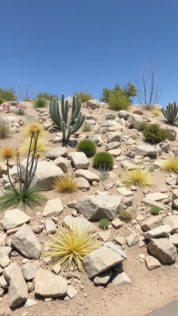 A dry rock bed featuring various drought-resistant plants and cacti, showcasing a blend of textures and colors.