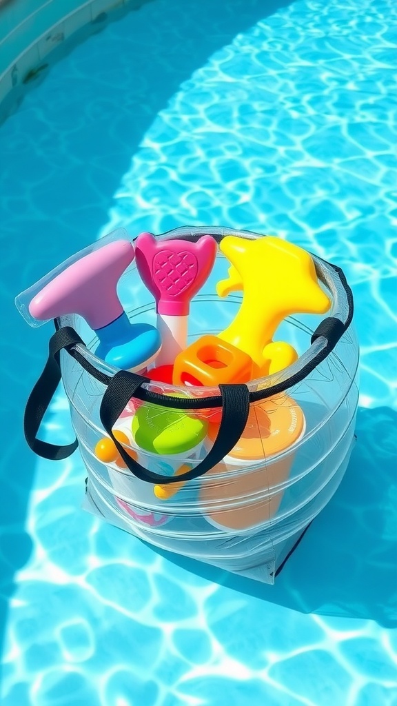 A clear inflatable bag filled with colorful pool toys, sitting on the edge of a pool.