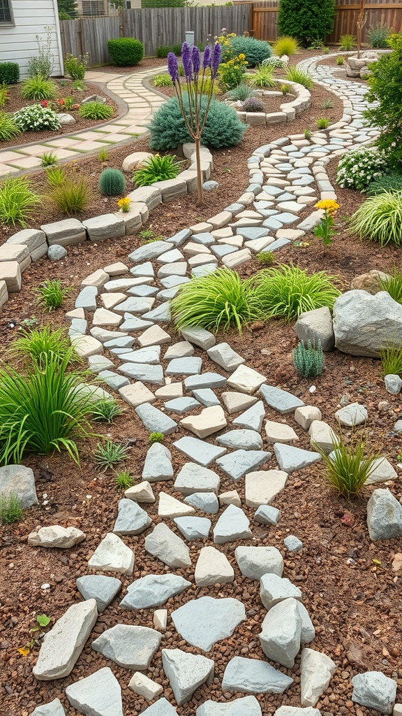 A beautifully landscaped dry creek bed with smooth stones and vibrant plants.