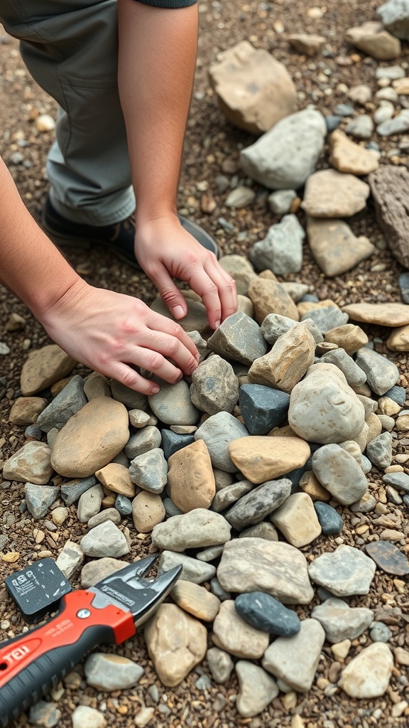 Person arranging stones for a dry rock bed