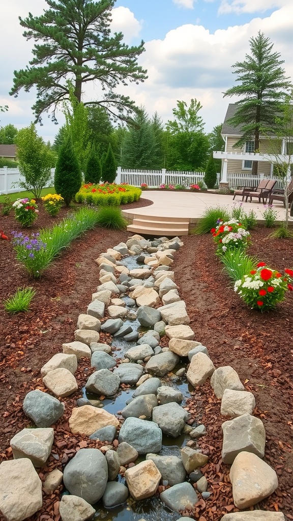 A landscaped yard featuring a dry creek bed with rocks, surrounded by colorful flowers and greenery.
