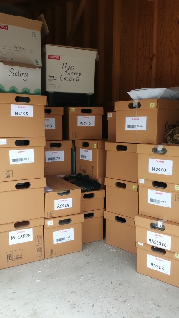 Organized shed with labeled boxes for easy identification