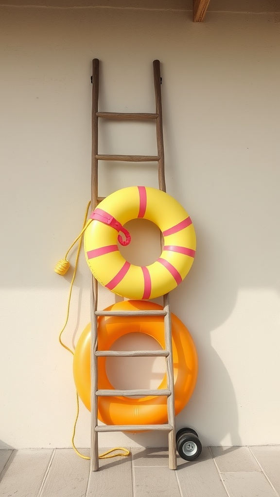 A wooden ladder with colorful inflatable pool rings hanging on it.