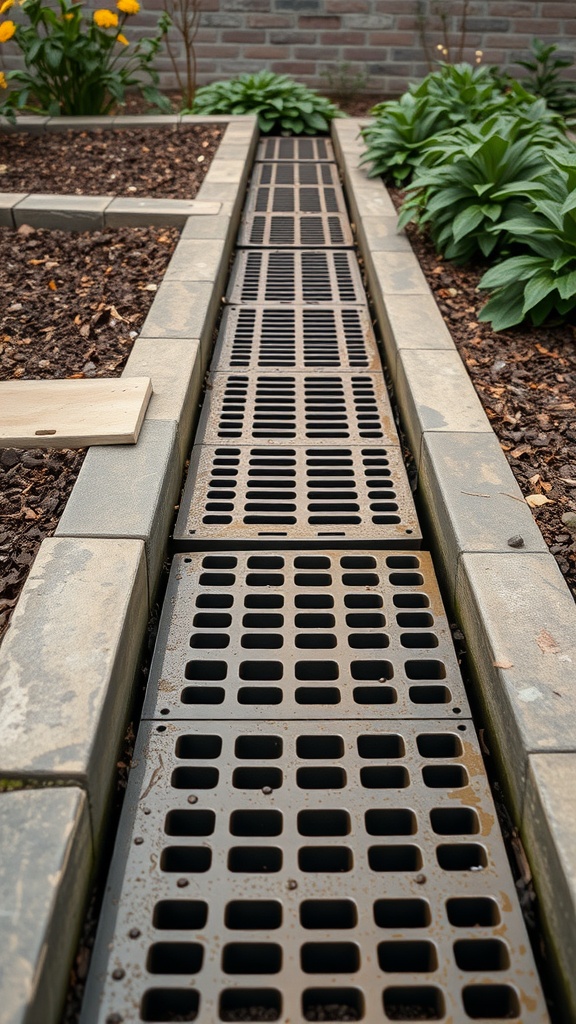 Aesthetic drainage grates in a landscaped garden