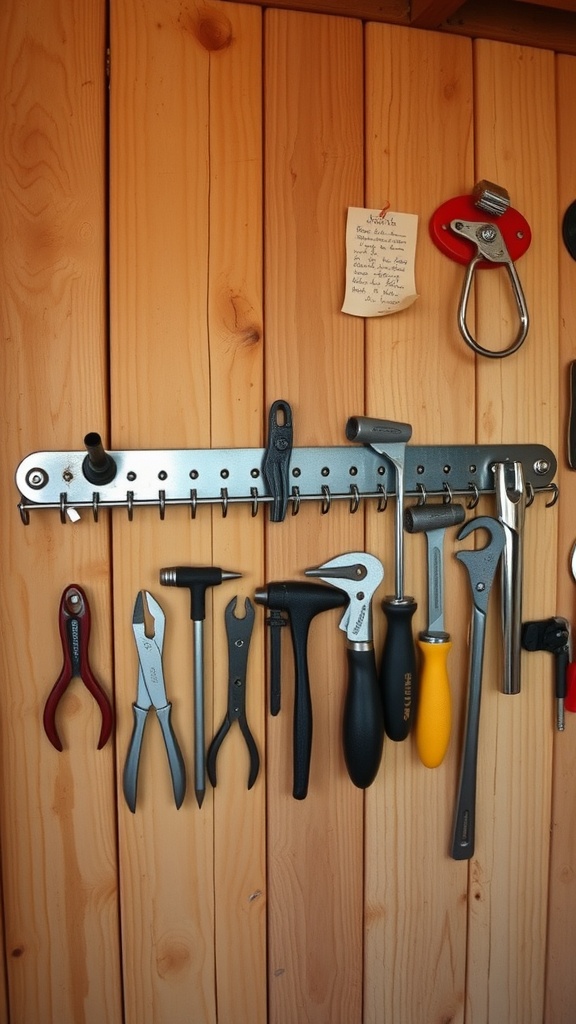 Magnetic strip holding various small metal tools in a shed