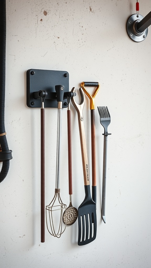 Magnetic tool holder displaying various gardening tools on a wall.
