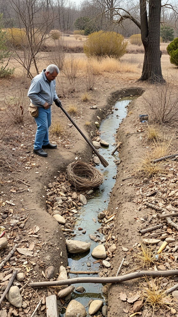 A person maintaining a dry creek bed by clearing debris and adjusting stones.