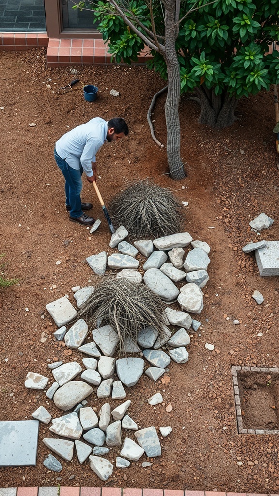 A person arranging stones in a dry rock bed for drainage.