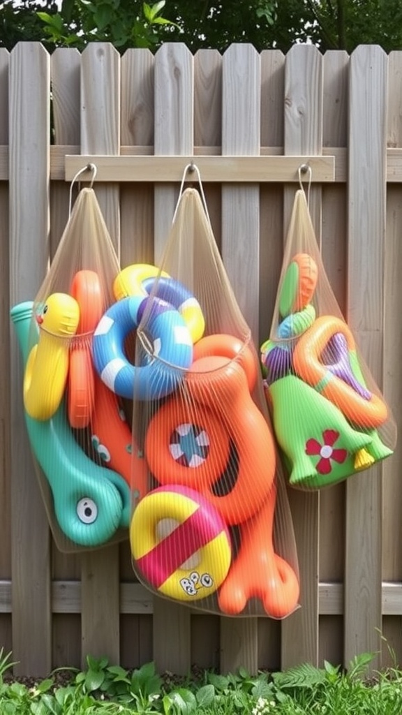 Colorful pool toys stored in mesh bags hanging on a wooden fence.
