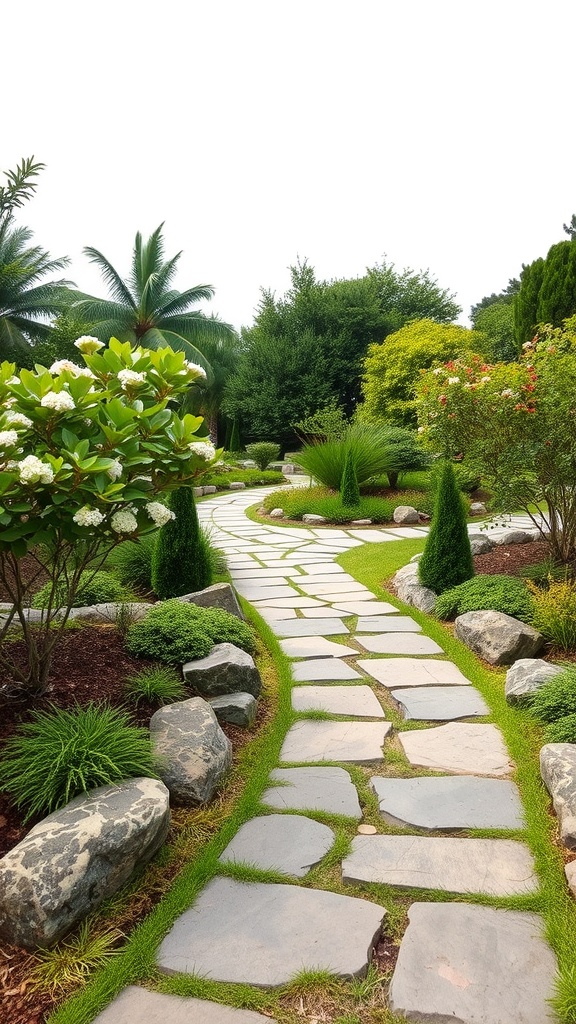 A winding natural stone pathway surrounded by lush greenery and colorful plants.