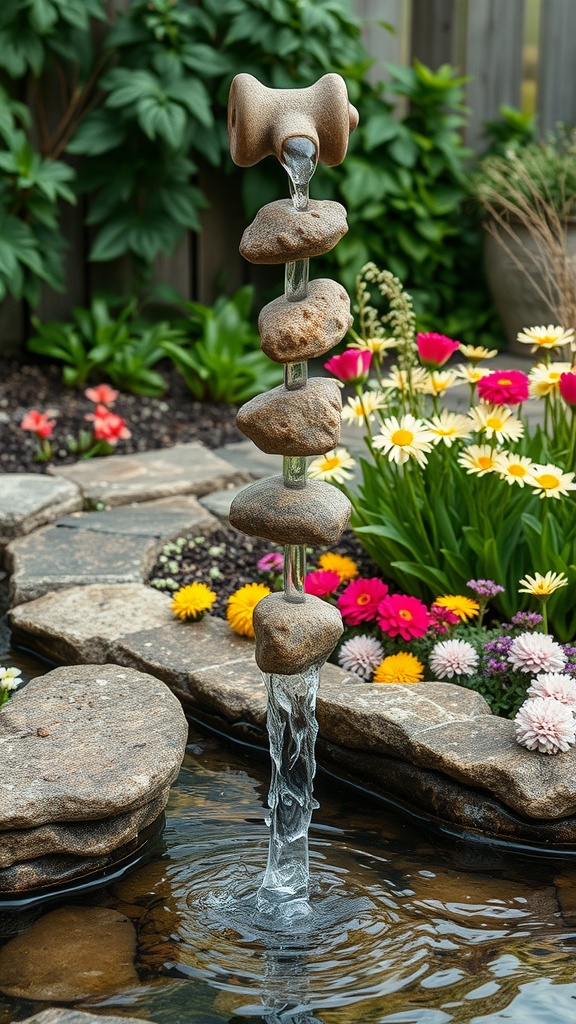 A natural stone rain chain with cascading water surrounded by colorful flowers.