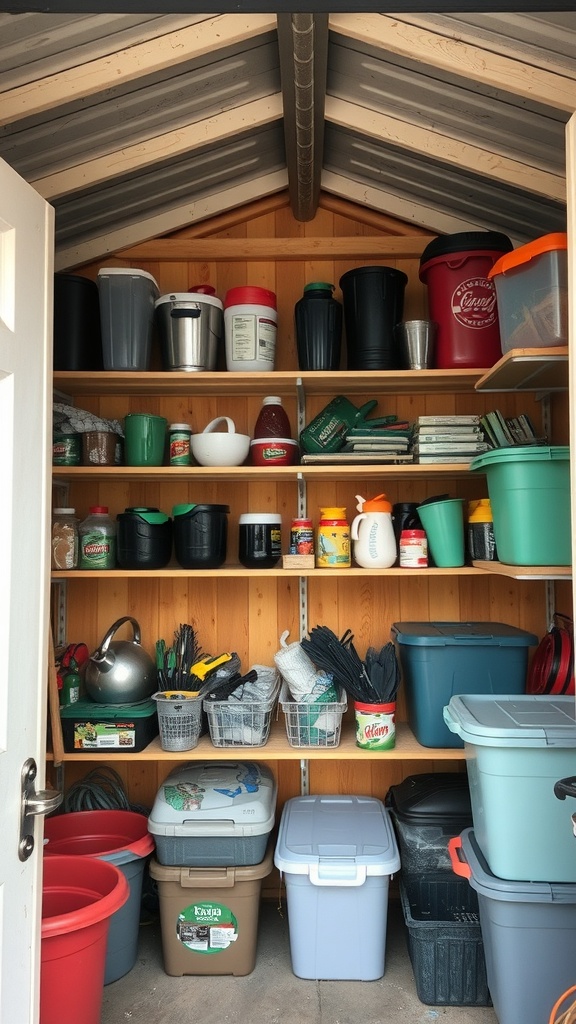 An organized shed with overhead shelving displaying various containers and tools.